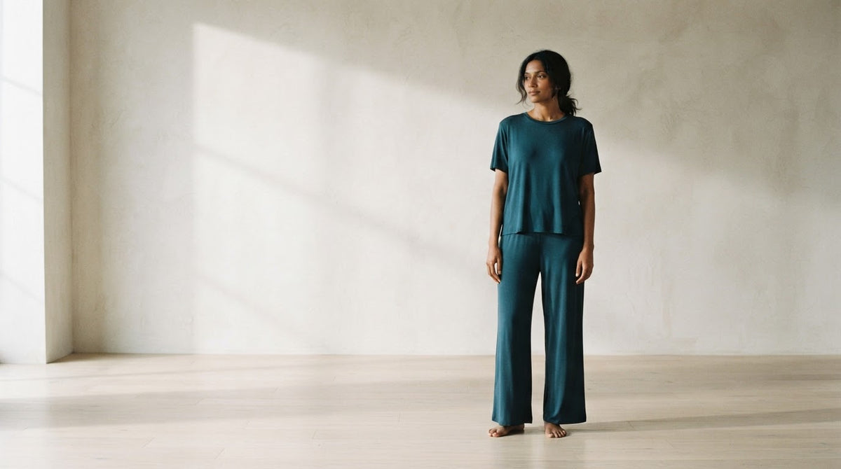 Model wearing Tenzy Club Modal Night Set in Transformative Teal
